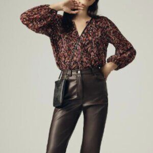 NWOT Anthropologie Sarah Hann Feather Print Blouse Semi Sheer Metallic Size L